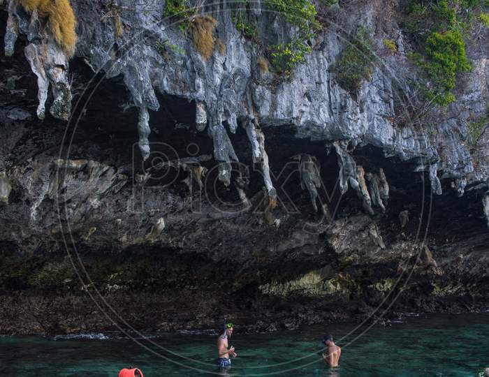 Phi Phi Island, Thailand- April 4 2019: Sliming Tourist Near Viking Cave