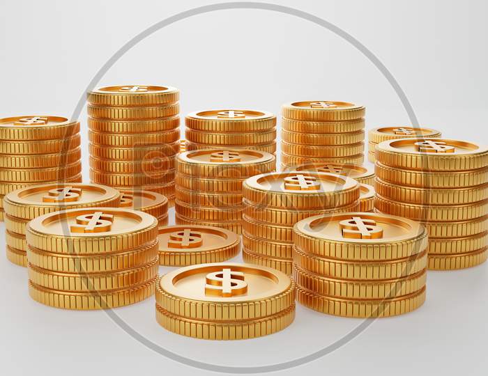 Pile Of Stacking Gold Coin Money Tower On Isolated White Background. Money Saving And Business Economic Investment Concept. 3D Illustration Rendering