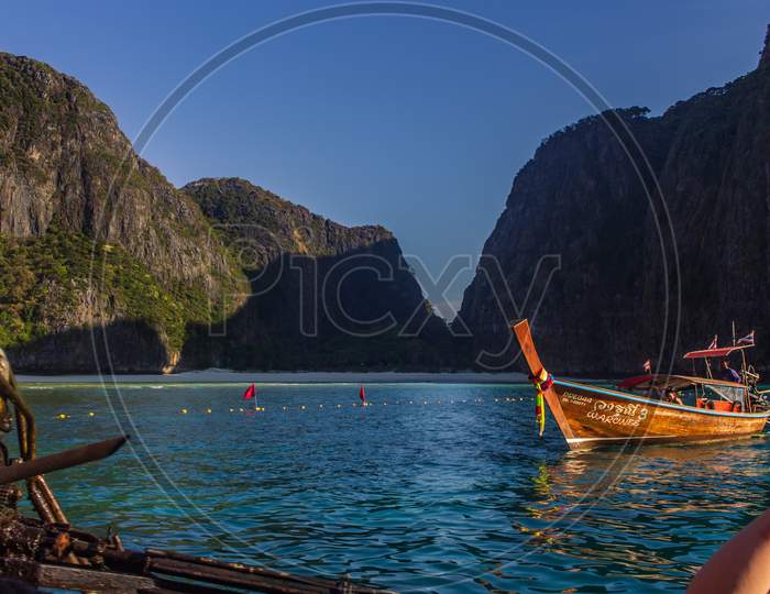 Phi Phi Island, Thailand- April 4 2019: Traditional Long Tail Boat Trip, Crystal Blue Water