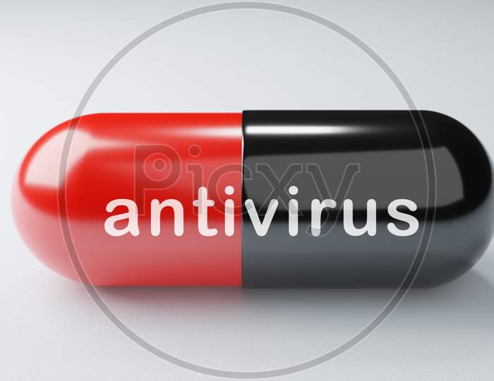 Closeup Antiretroviral Drugs Capsule On White Background. Medicine And Vaccine Concept. Medical Science Healthcare. Antibiotic Immunity Researching. Red Black Color. 3D Illustration Render