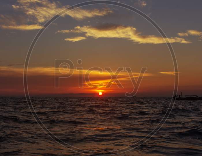 Phi Phi Island, Thailand- April 4 2019: Simple Sunset And Sea