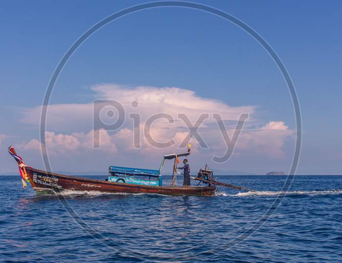 Phi Phi Island, Thailand- April 4 2019: Traditional Long Tail Boat Made Of Wood