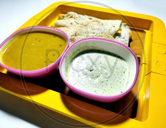 Masala Dosa With Sambhar And Chutney, Very Famous South Indian Dish. Top View