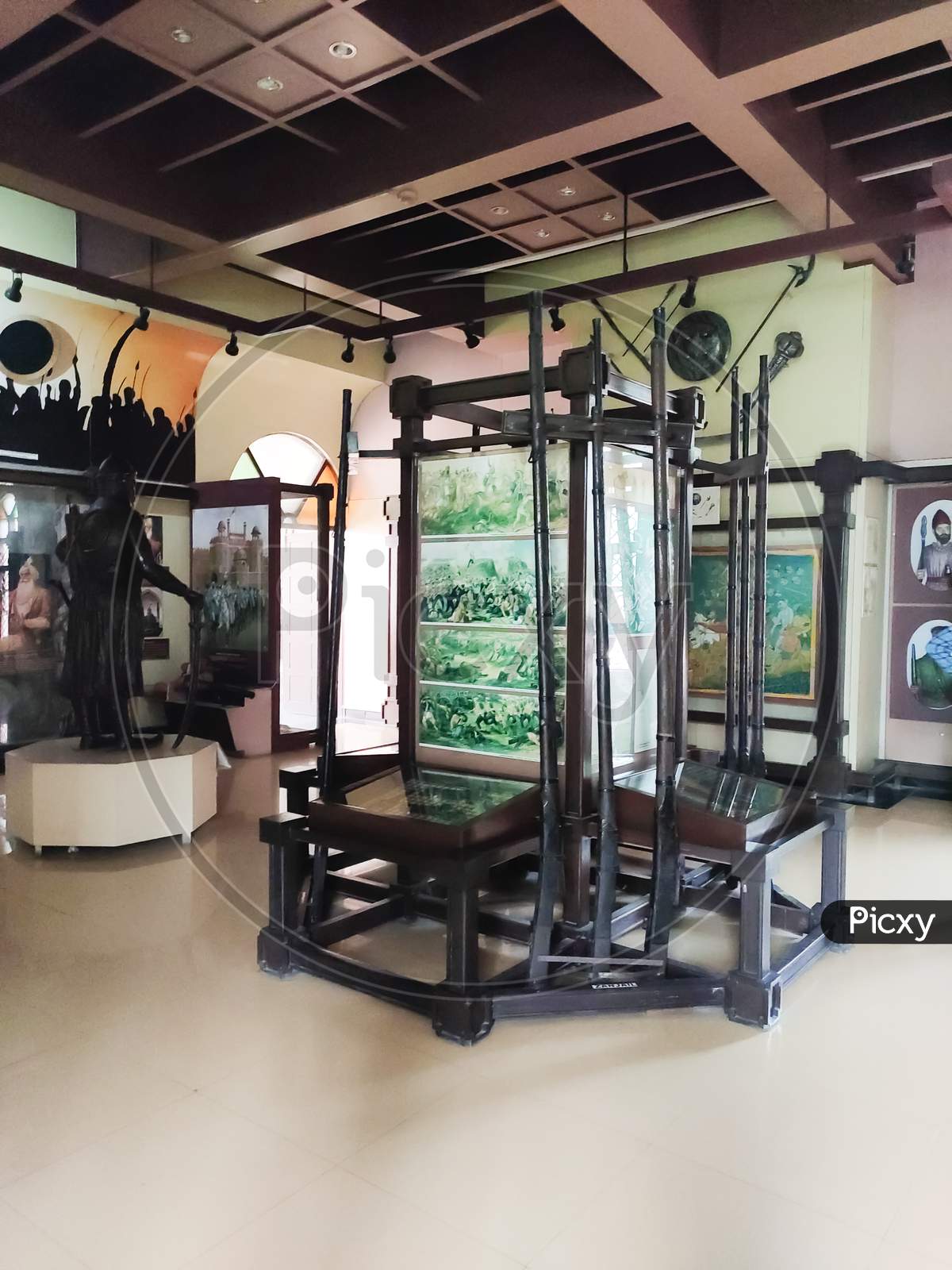 Ancient weapons of 17 century,ludhiana,india on 16 August 2019:rifle and sword,Maharaja Ranjit Singh War Museum established 1999.