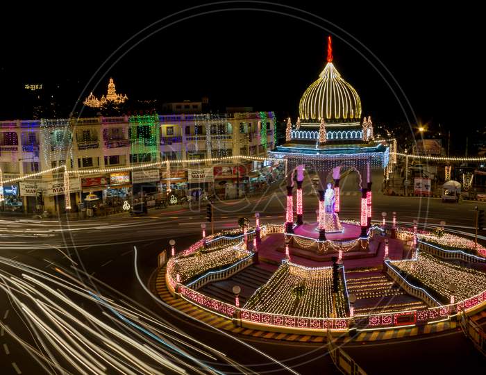 Night View of KR Circle with Trial Lights in Mysore/Karnataka/India.