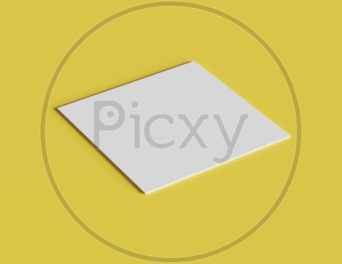 White Square Shape Paper Mockup On Yellow Gold Isolated Background. Branding Presentation Template Print. Tilt Angle View. 3D Illustration Rendering