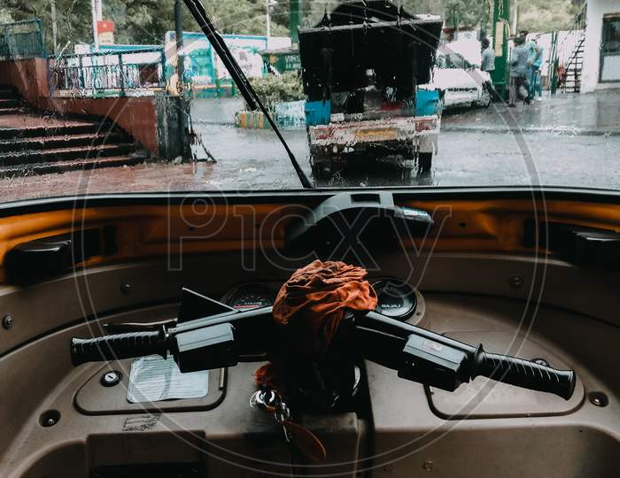 Delhi, India, 15 June 2020 - Inside Look Of Indian Auto Rikshaw On The Street (Tuk-Tuk) Used By Tourists And Local As Means Of Transportation