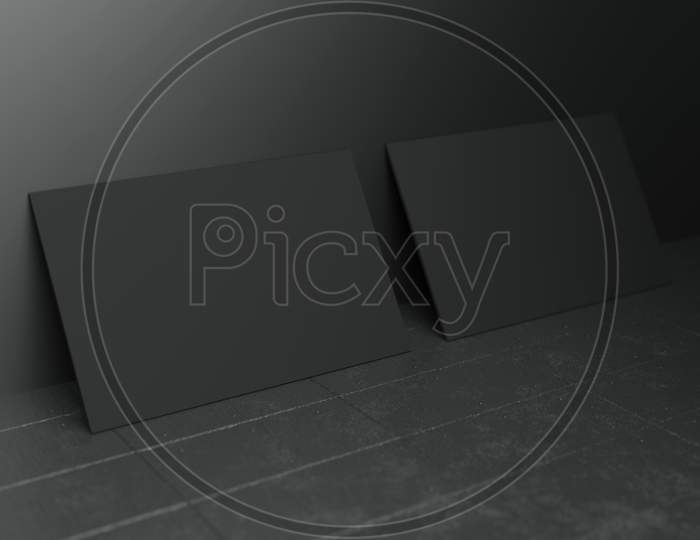 Black Horizontal Business Card Paper Mockup Template With Blank Space Cover For Insert Company Logo Or Personal Identity On Black Concrete Floor Background. Modern Concept. 3D Illustration Render