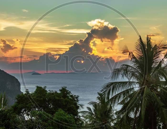 Phi Phi Island, Thailand- April 3 2019: View To Sunset And Sea