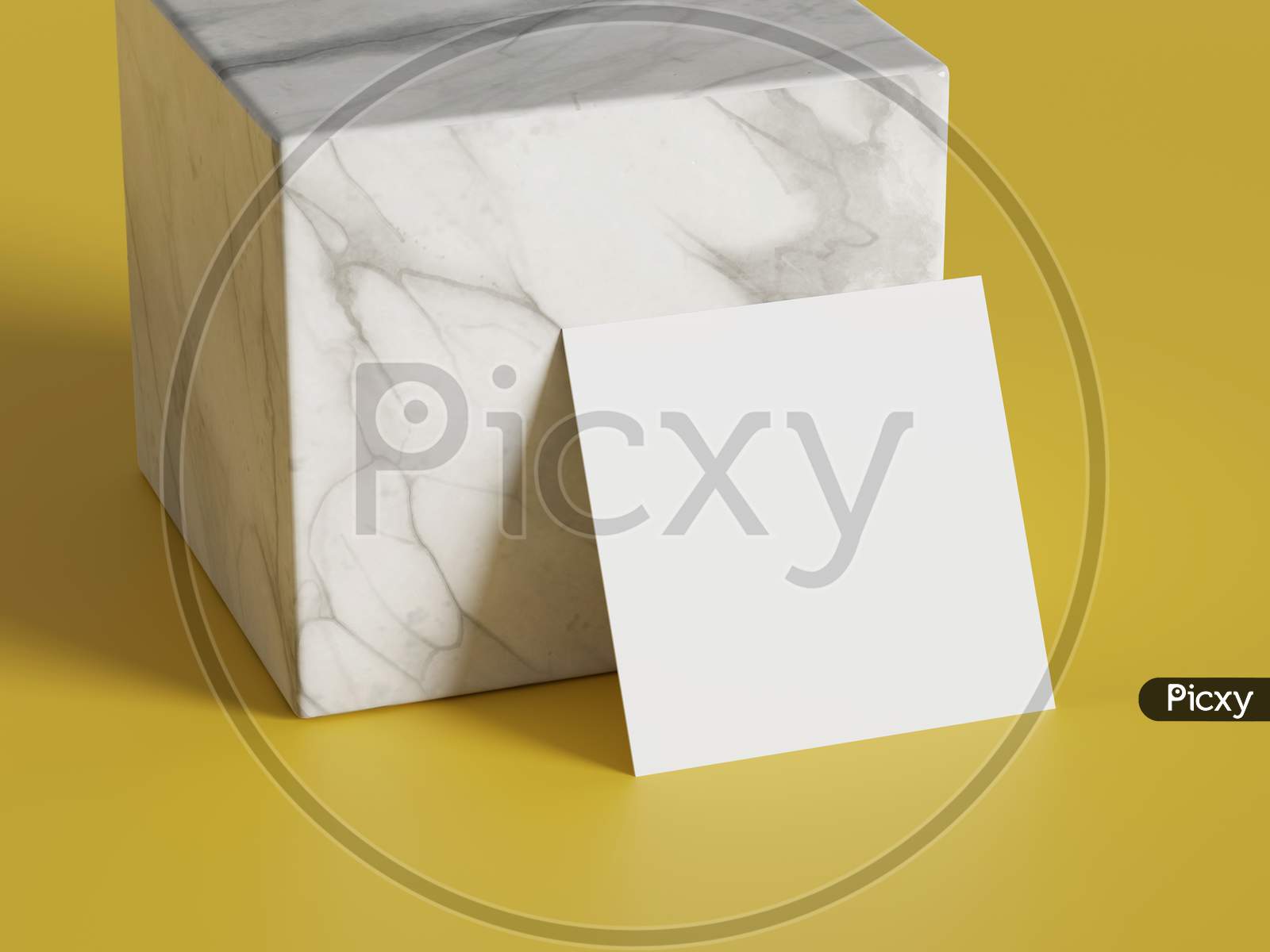 White Square Shape Paper Mockup On Yellow Gold Isolated Background With Marble Stone Cube. Branding Presentation Template Print. 3D Illustration Rendering