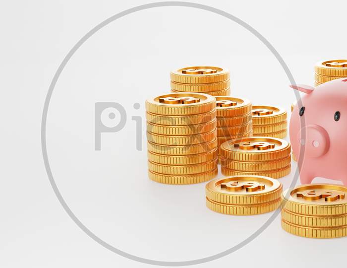 Piggy Bank With Gold Coin On Isolated White Background. Panorama Wide Angle Cover Banner With Copy Space On Left Side. Money Saving And Business Economic Investment Concept. 3D Illustration Rendering