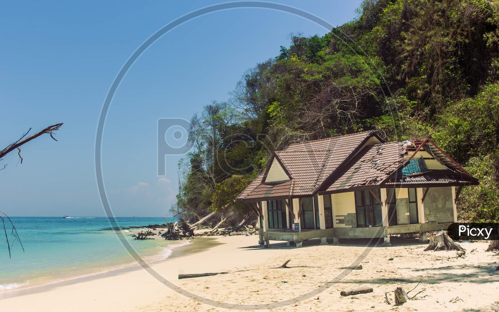 Phi Phi Island, Thailand- April 4 2019: Beauty Beach, Clear Blue, House Underconstruction