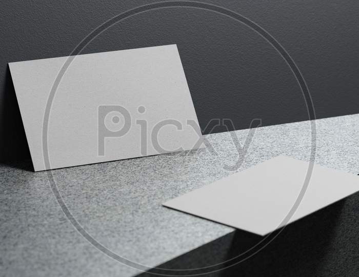 White Business Card Paper Mockup Template With Blank Space Cover For Insert Company Logo Or Personal Identity On Marble Floor Background. Modern Stationary Concept. 3D Illustration Render