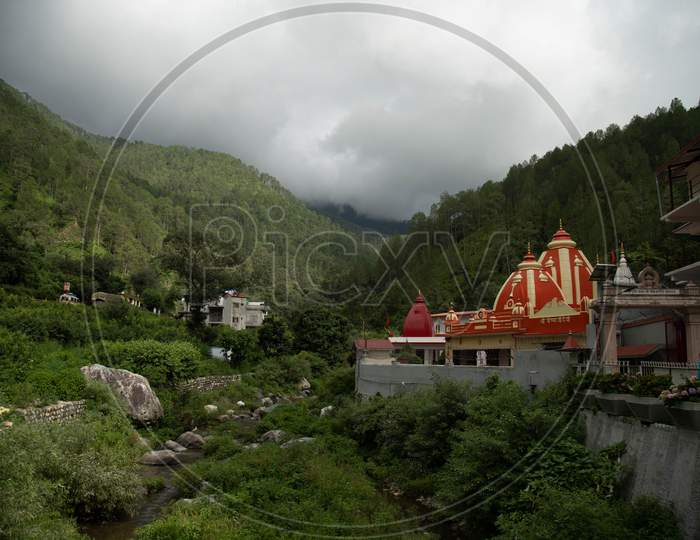 Hills, temple, nature and clouds