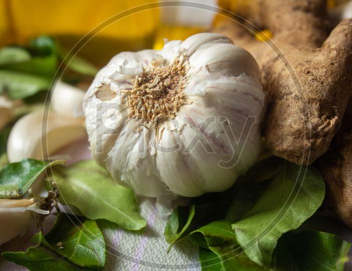 View Of Commonly Used In Ingredient (Garlic, Ginger And Curry Leaves) In South Indian Cooking. Foods That Help Boost Immunity In Natural Way.