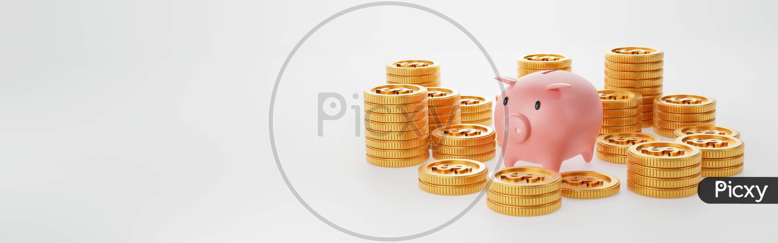 Piggy Bank With Gold Coin On Isolated White Background. Panorama Wide Angle Cover Banner With Copy Space On Left Side. Money Saving And Business Economic Investment Concept. 3D Illustration Rendering