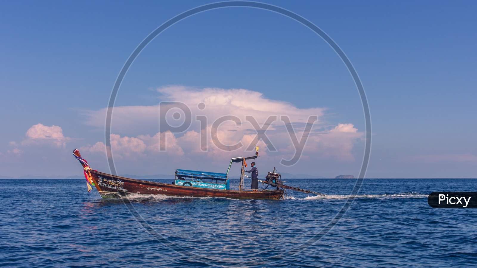 Phi Phi Island, Thailand- April 4 2019: Traditional Long Tail Boat Made Of Wood