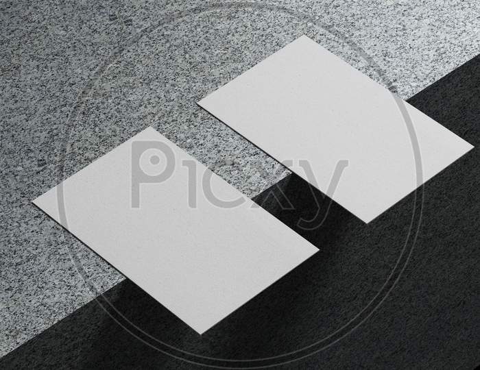 White Horizontal Business Card Paper Mockup Template With Blank Space Cover For Insert Company Logo Or Personal Identity On Marble Floor Background. Modern Concept. 3D Illustration Render