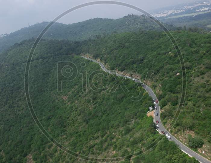 An Aerial Photograph of the Chamundi Hill road in Mysore/Karnataka.