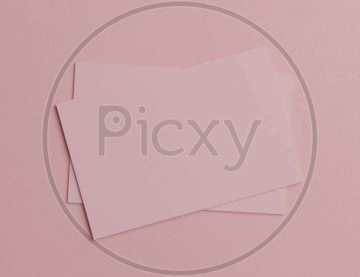 Pink Pastel Business Card Paper Mockup Template With Blank Space Cover For Insert Company Logo Or Personal Identity On Cardboard Background. Modern Style Concept. Top View. 3D Illustration Render