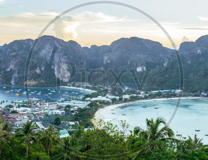 Phi Phi Island, Thailand- April 3 2019: Two Beaches View From Top
