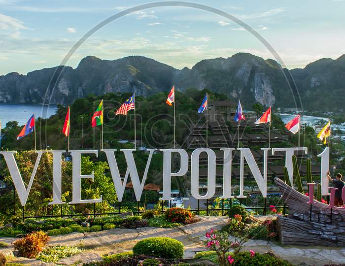 Phi Phi Island, Thailand- April 3 2019: View Point Sign And Flags