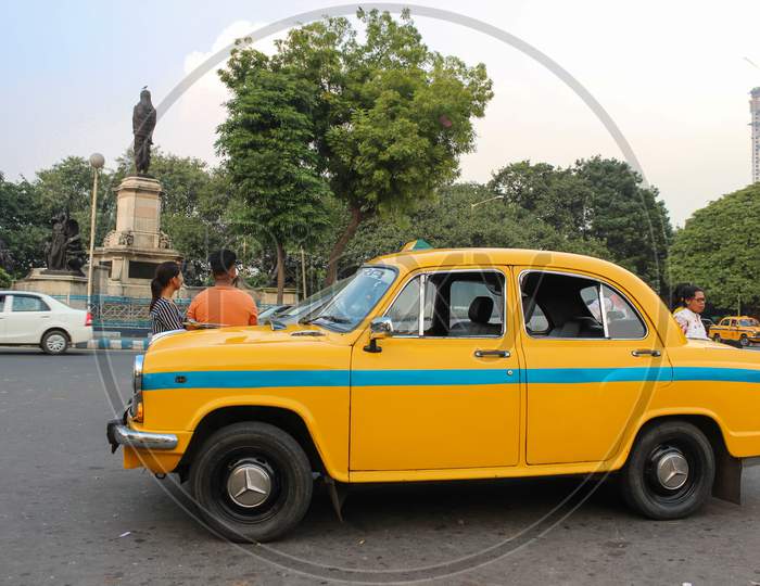 The Iconic Yellow Taxi of Kolkata cityscape in West Bengal/India.