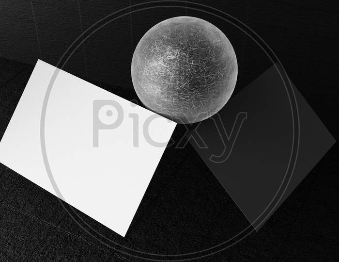 Black And White Business Card Paper Mockup Template With Blank Space Cover For Insert Company Logo Or Personal Identity On Black Concrete Floor Background. Modern Concept. 3D Illustration Render