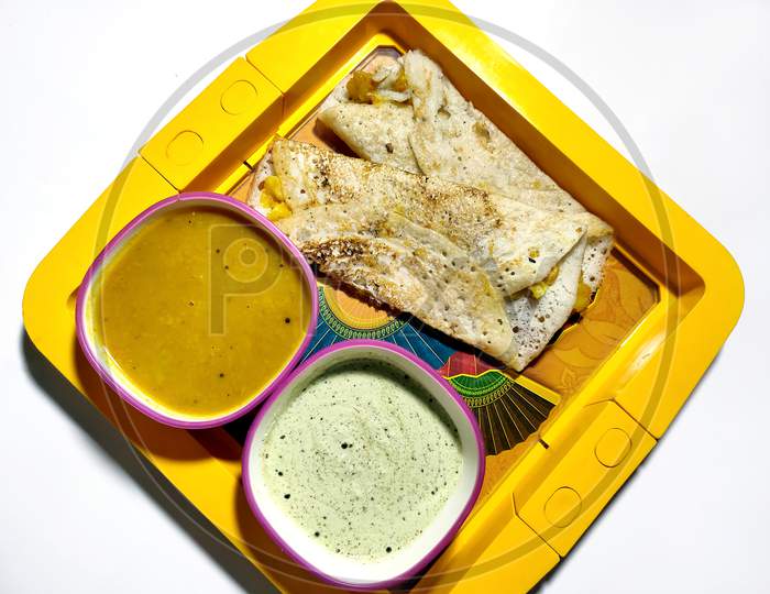 Masala Dosa With Sambhar And Chutney, Very Famous South Indian Dish. Top View