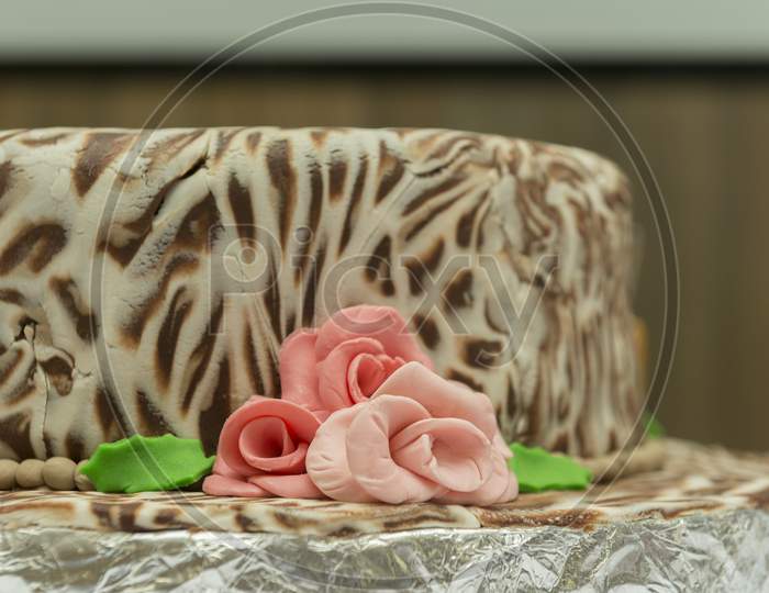 Closeup Of Marbled Birthday Cake Of White And Dark Chocolate.