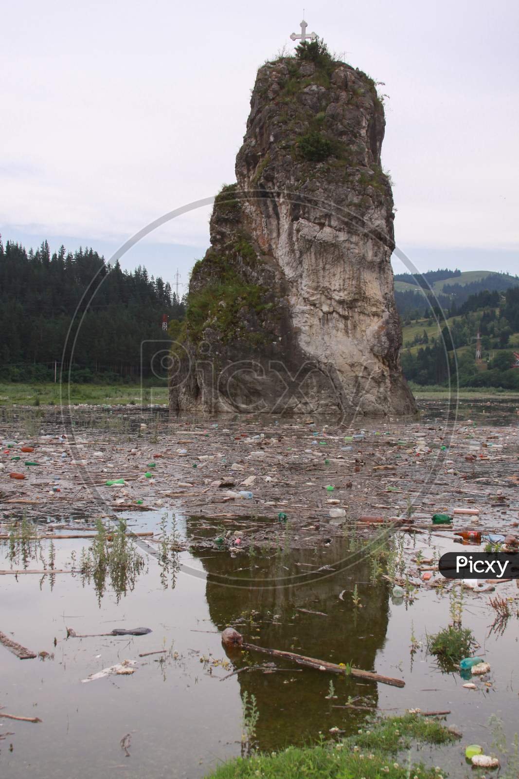 Bicaz Lake Rock Emerging Plastic Polluted Water