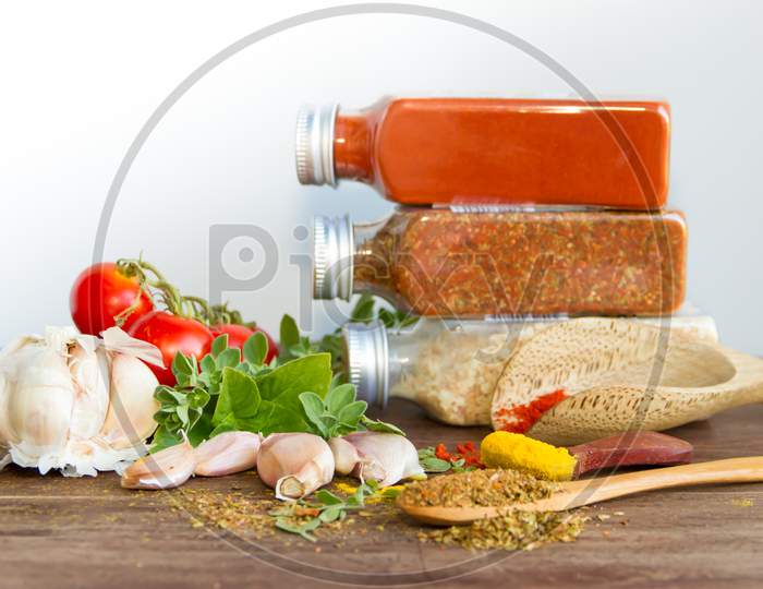 Set Of Spices And Fresh Herbs
