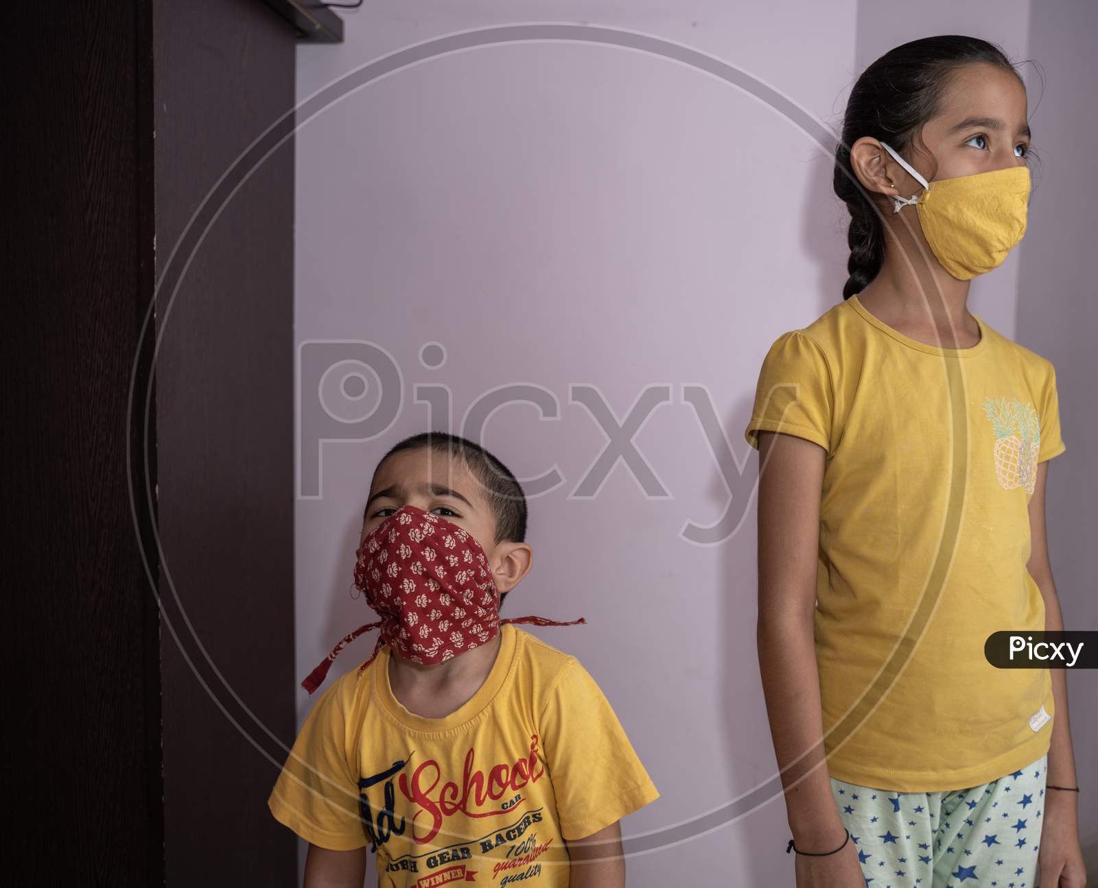 jaipur . Rajasthan . India - June 12, 2020. Asian boy and girl wearing protective face mask Protect from the corona virus or Coronavirus covid-19