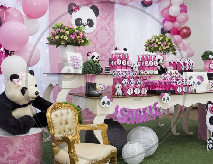 Girl Party Decorated With Panda Theme - Table Of Sweets.