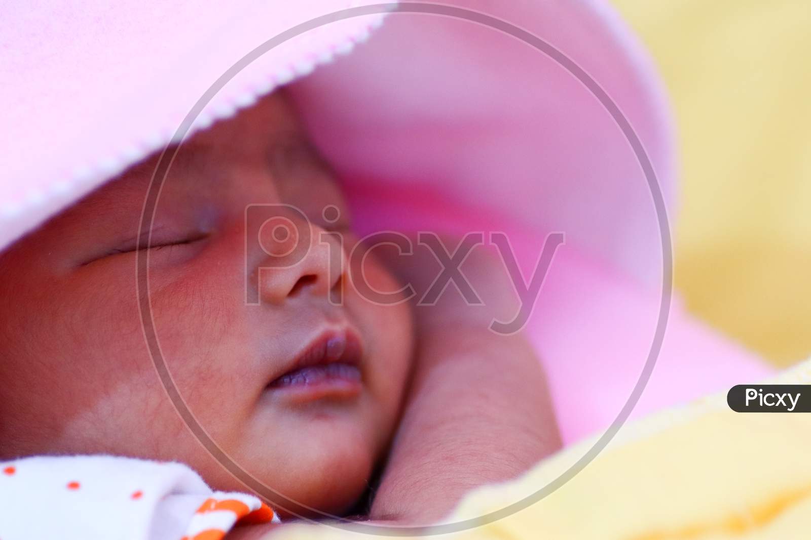 A Newborn Asian Baby Wrapped In Pink Hooded Towel And Sleeping With Eyes Closed