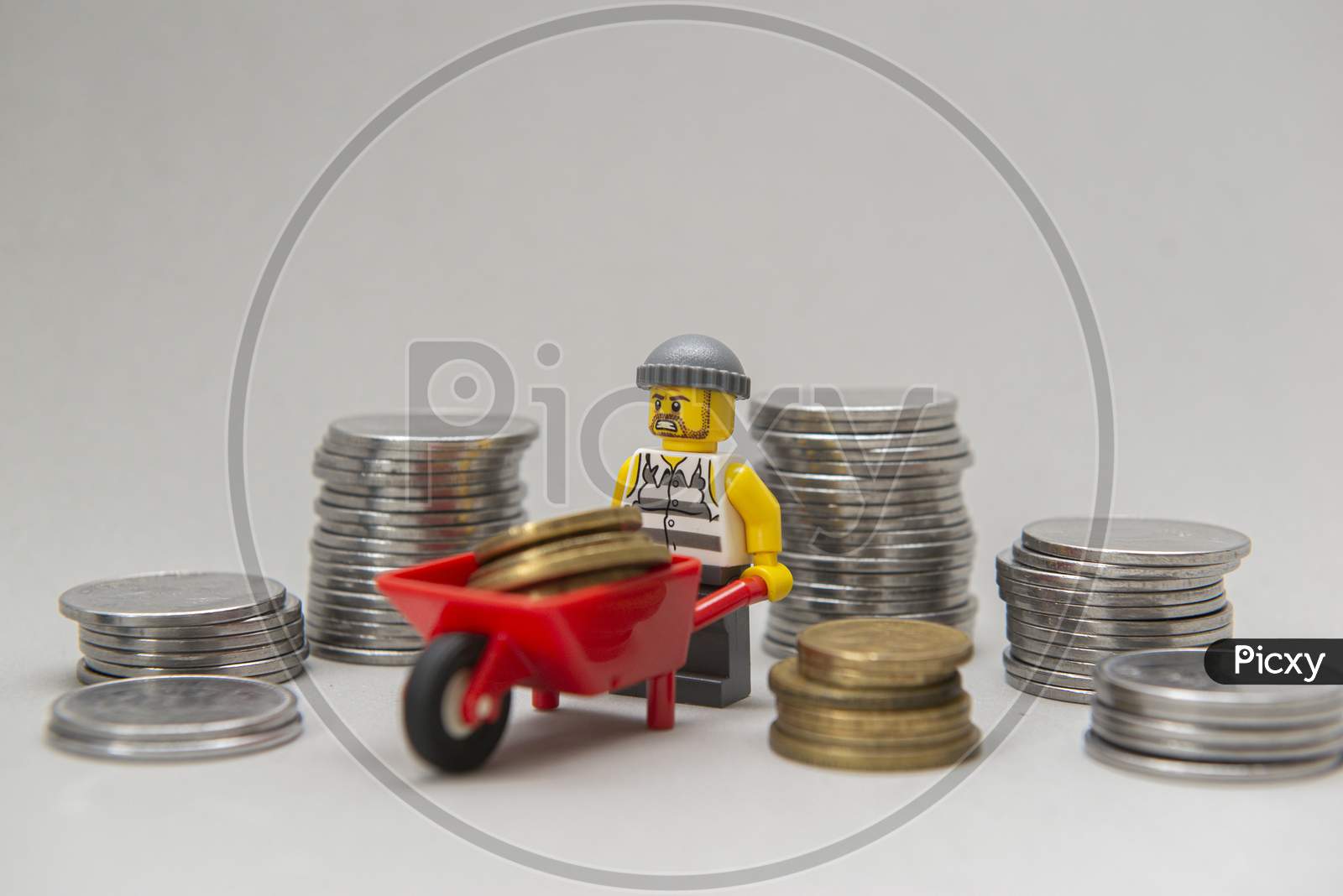 Minifigures Of Bank Robbers Stealing Money.Thieves Carrying Coins.