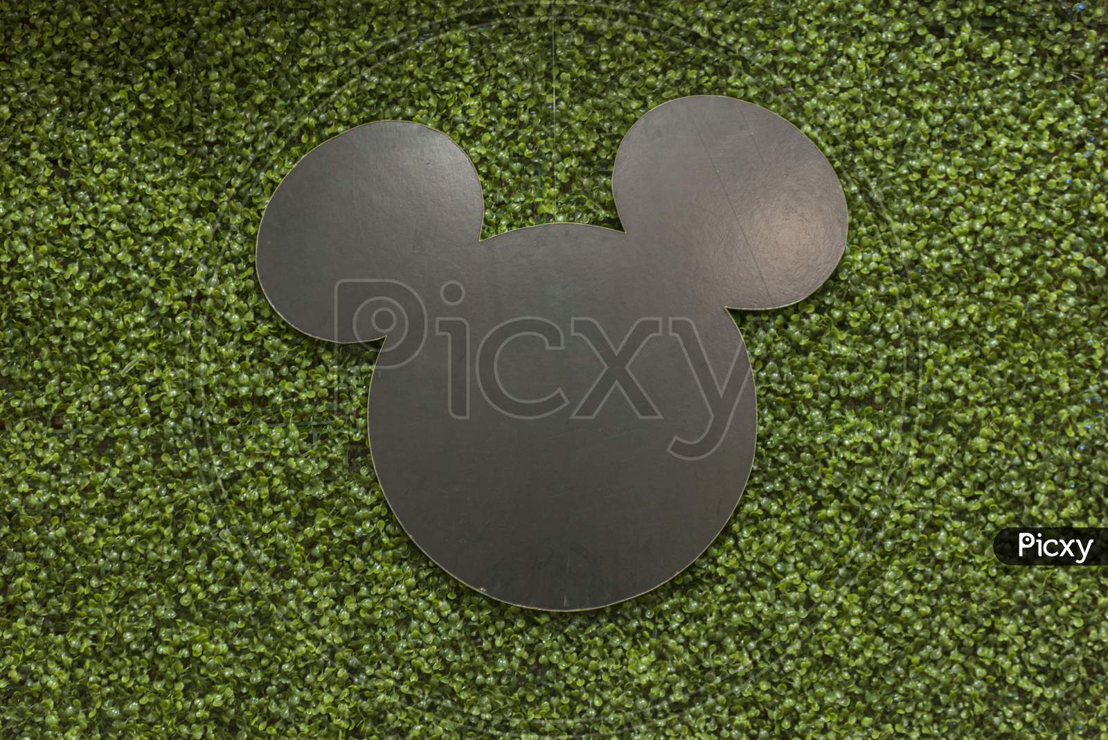 Beautiful Green Wall Grass Panel. Black Wood In The Shape Of Mickey Mouse On The Panel.