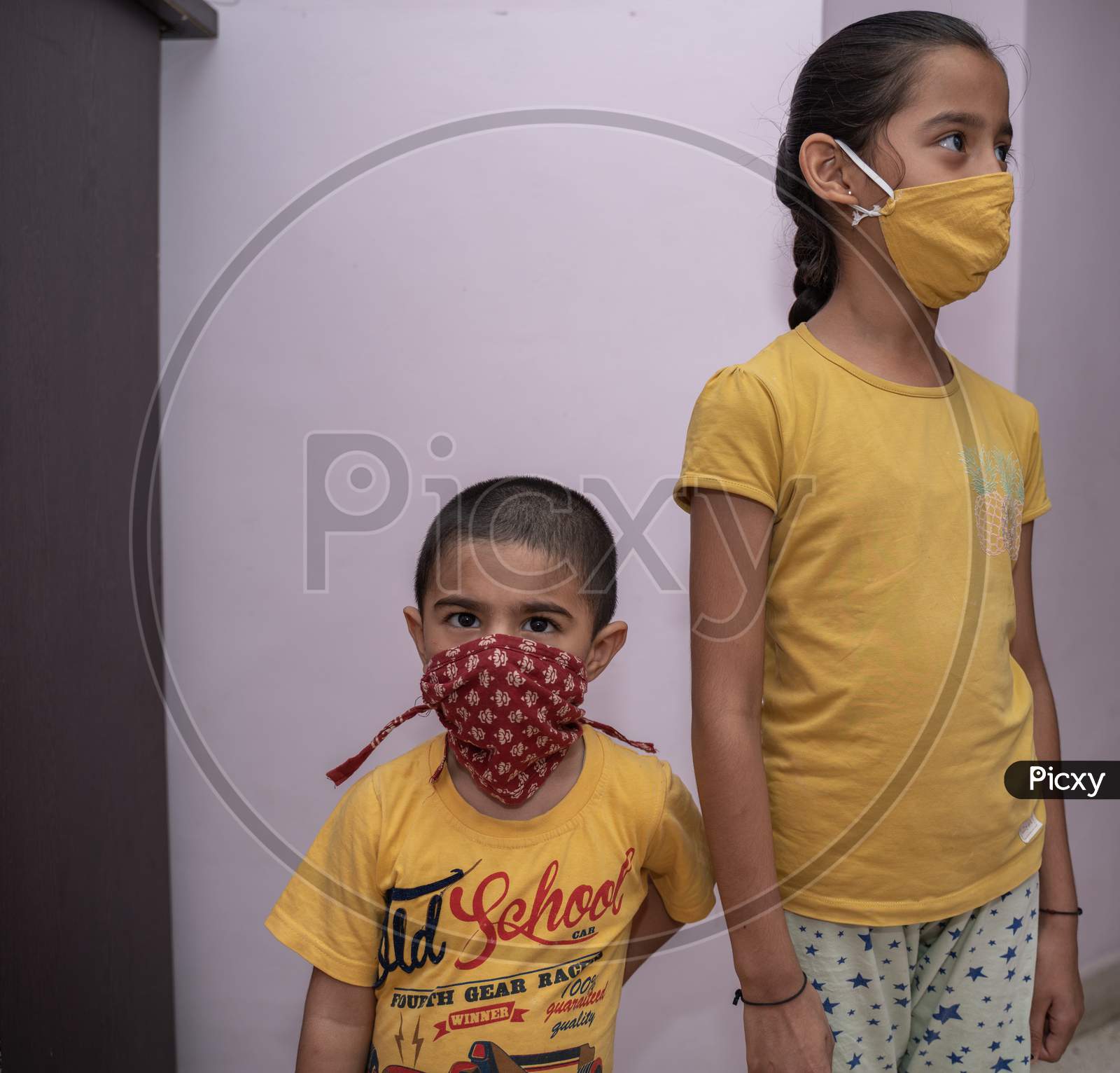 jaipur . Rajasthan . India - June 12, 2020. Asian boy and girl wearing protective face mask Protect from the corona virus or Coronavirus covid-19