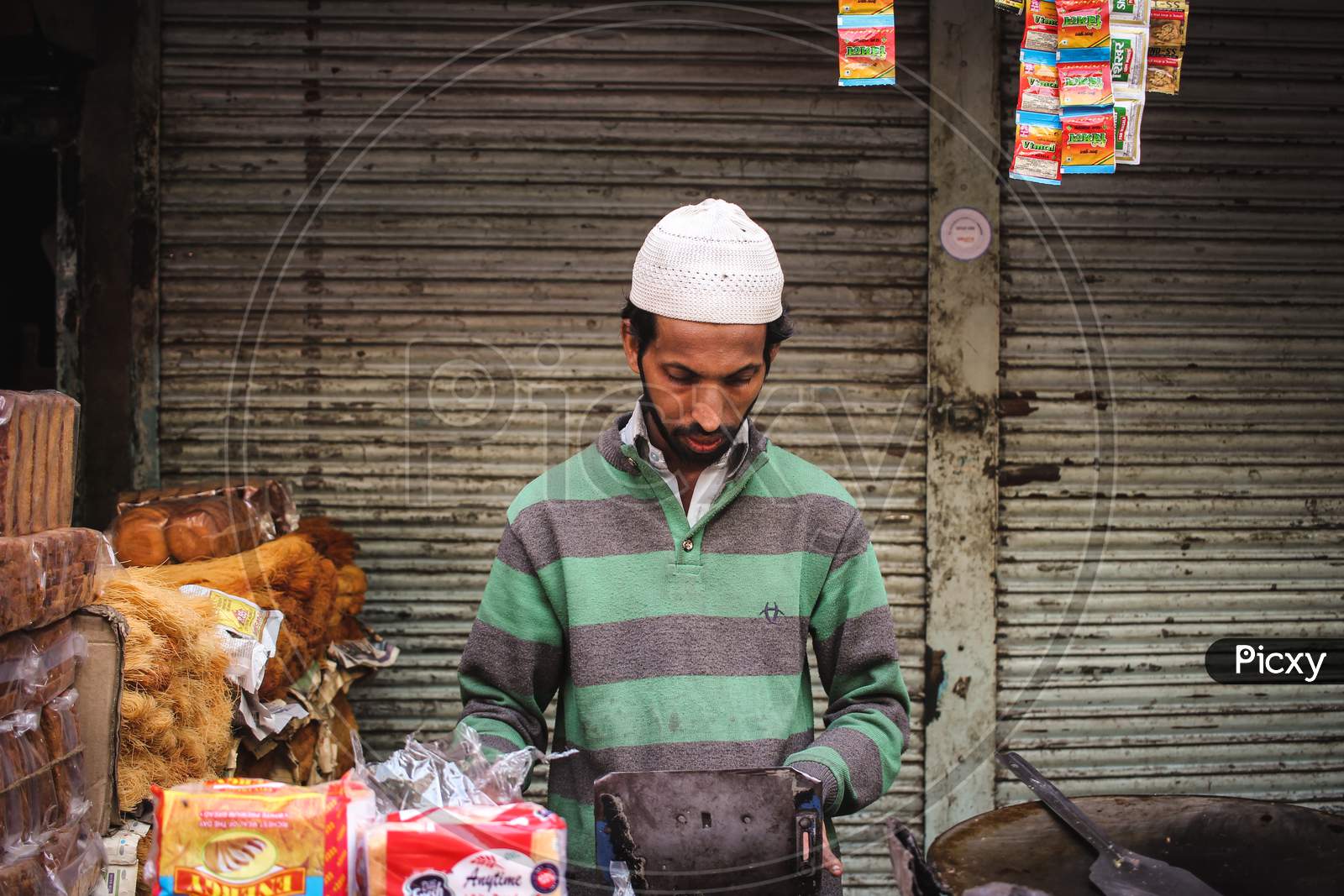 New Delhi, Delhi/ India- June 15 2020: Portrait Of A Street Vendor Selling Traditional Snacks Near Jama Majid.