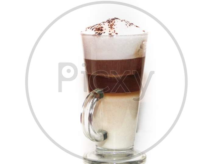 Cappuccino In Tall Glass On White Background