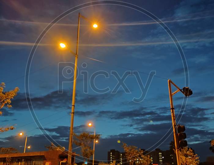 City light with dark clouds