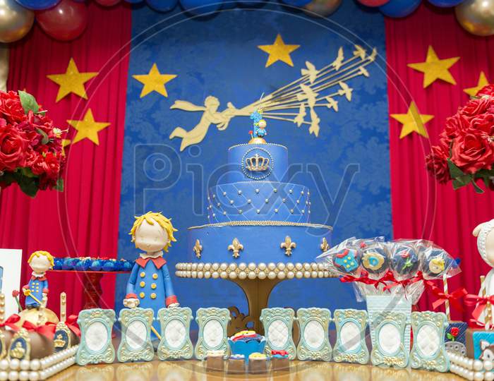 Little Prince Theme Party. Decorated Table For Child Birthday Celebration.