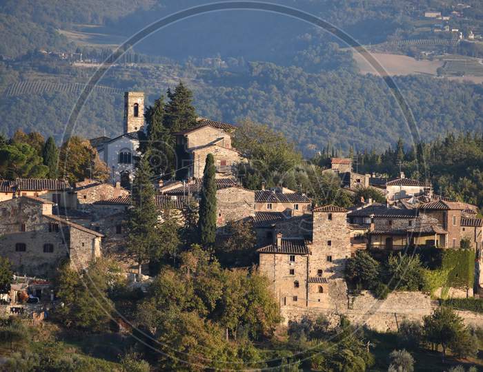 The beautiful view toward the medieval village in Tuscany Italy