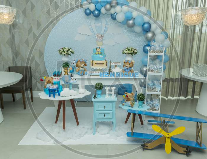 Boy'S Birthday Party With Bluish Pastel Colors Decoration.