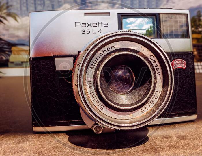 Boeblingen,Germany - August 10,2019:Stettiner Strasse This Is An Old Film Camera,The Paxette 35 Lk From 1964,With A Steinbeil 45Mm-Lense.