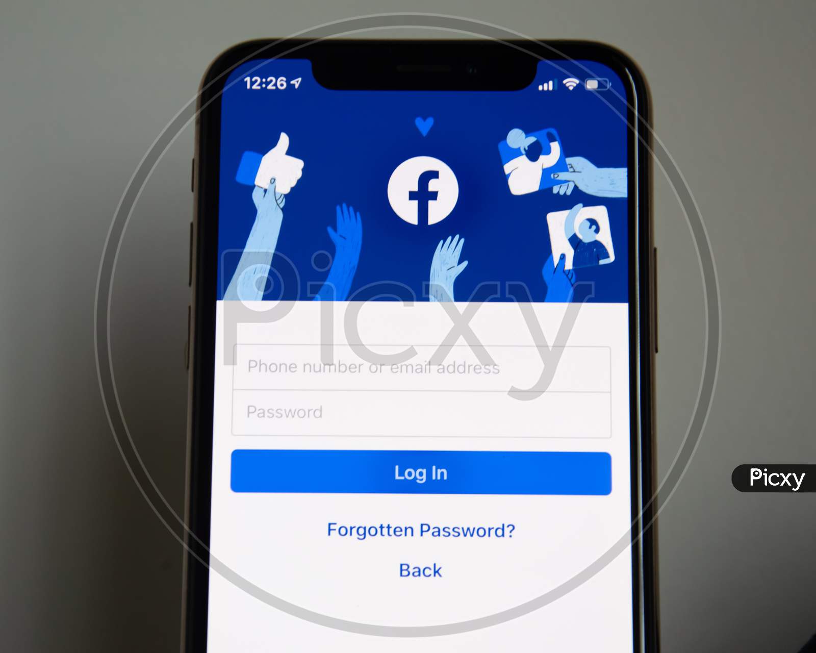 facebook log in page on iPhone XS. 3D render.