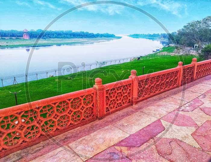 Yamuna river behind Taj Mahal. Agra, Uttar Pradesh, India. The Yamuna River flows behind the Taj Mahal, The picture clicked from Taj Mahal. landscape photography and selective focus