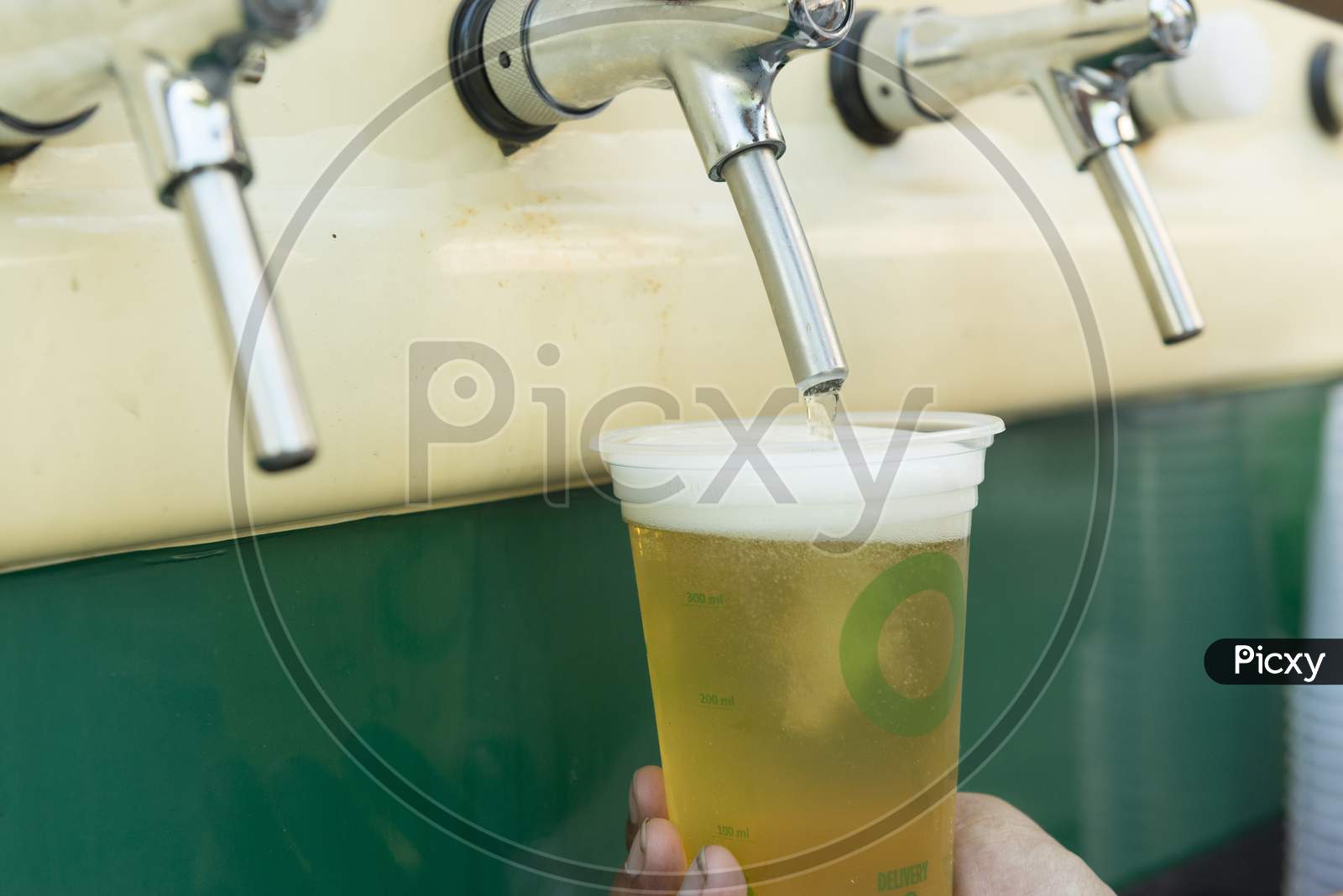 Bartender Pouring From Tap Fresh Beer Into The Plastic Cup.