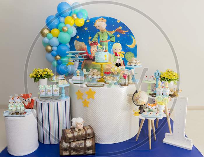 Sweet Table And Big Cake For First Birthday.