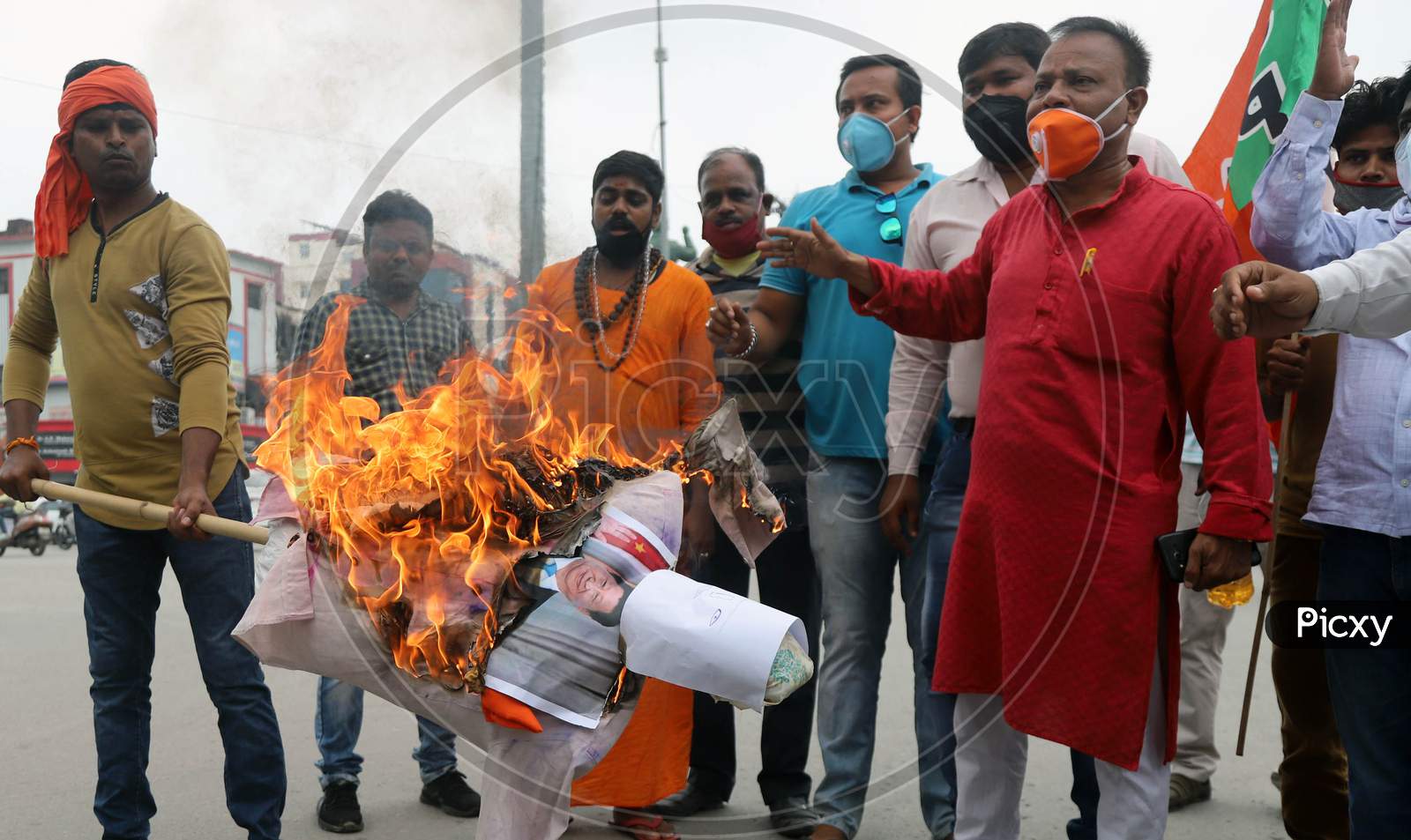 Supporters Of Bharatiya Jayanta Party (Bjp) Burn Posters and effigy of China's President Xi Jinping During A Protest Against China in Prayagraj on June 17, 2020 after a violent face off between Indian Army and Chinese PLA in Galwan Valley.